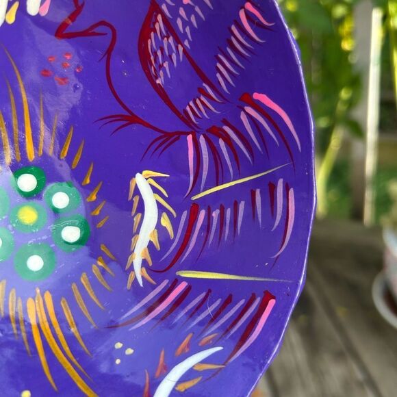 Talavera Mexican Pottery Salsa Bowl Footed Hand Painted Trinket Red Purple Birds - Picture 13 of 16